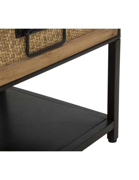 Table basse design rétro chic Rectangulaire 2 tiroirs 1 étagère Métal Noir Bois de sapin Naturel Effet rotin tressé Hanoi 95 cm 