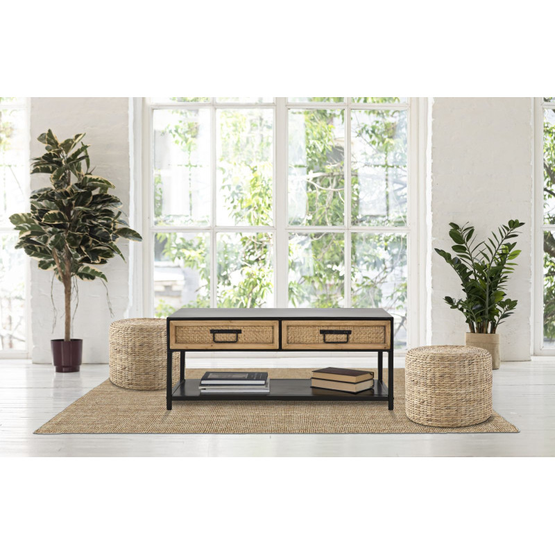 Table basse design rétro chic Rectangulaire 2 tiroirs 1 étagère Métal Noir Bois de sapin Naturel Effet rotin tressé Hanoi 95 cm 
