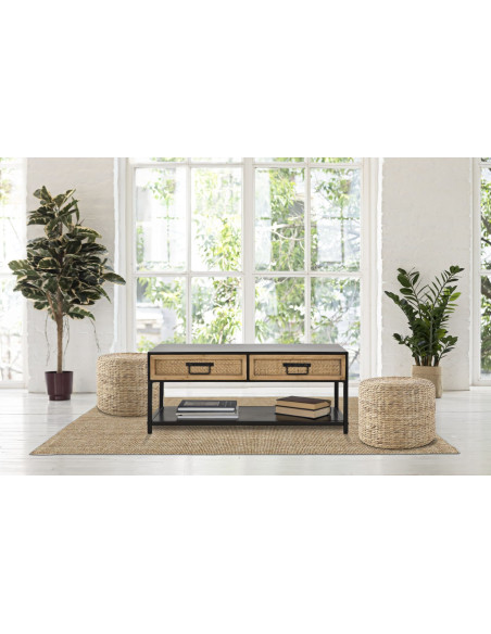 Table basse design rétro chic Rectangulaire 2 tiroirs 1 étagère Métal Noir Bois de sapin Naturel Effet rotin tressé Hanoi 95 cm 