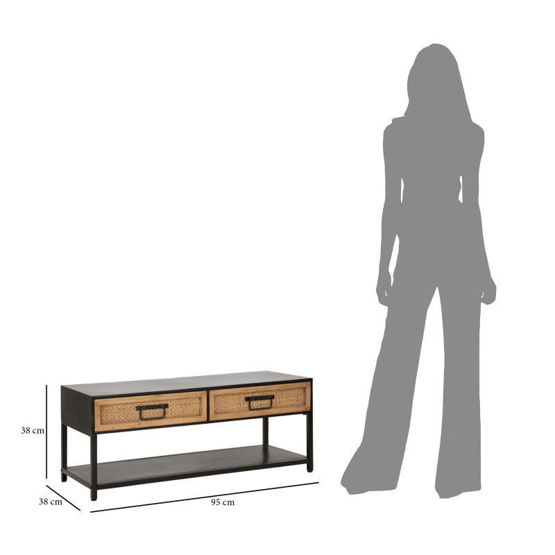 Table basse design rétro chic Rectangulaire 2 tiroirs 1 étagère Métal Noir Bois de sapin Naturel Effet rotin tressé Hanoi 95 cm 