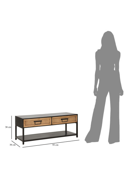 Table basse design rétro chic Rectangulaire 2 tiroirs 1 étagère Métal Noir Bois de sapin Naturel Effet rotin tressé Hanoi 95 cm 