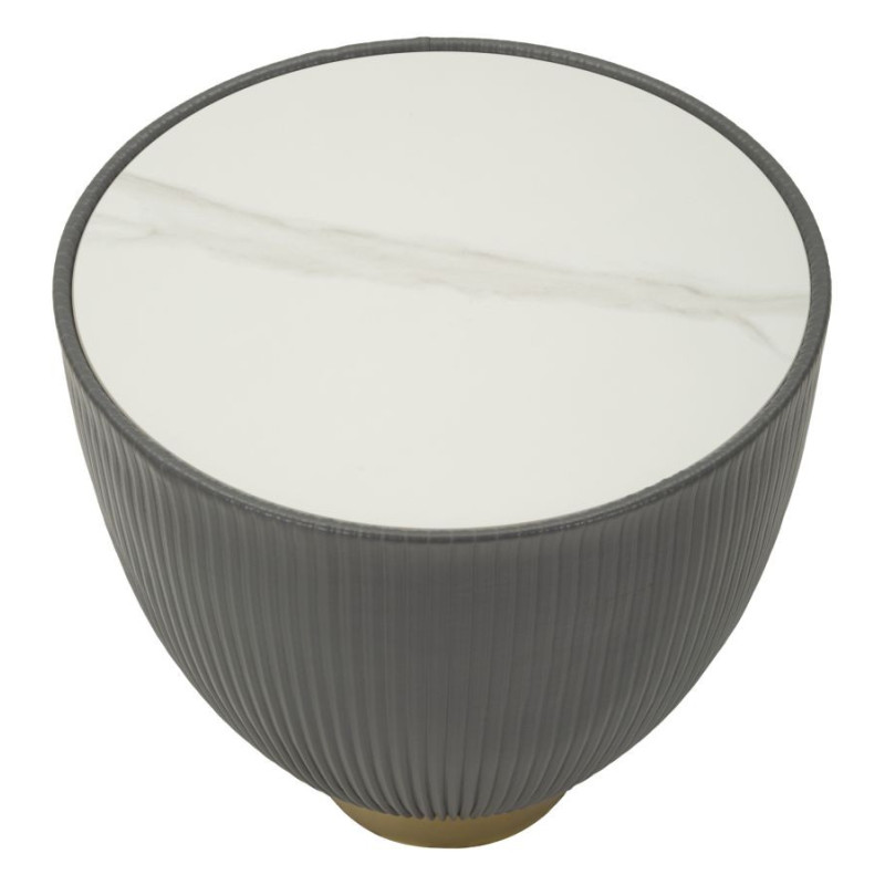 Table basse design chic Ronde Céramique Blanc Effet marbre Métal Doré Tissu Gris Elge 46 cm 