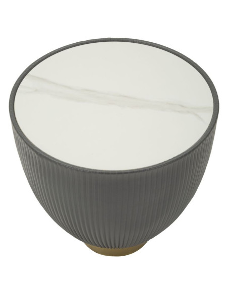 Table basse design chic Ronde Céramique Blanc Effet marbre Métal Doré Tissu Gris Elge 46 cm 