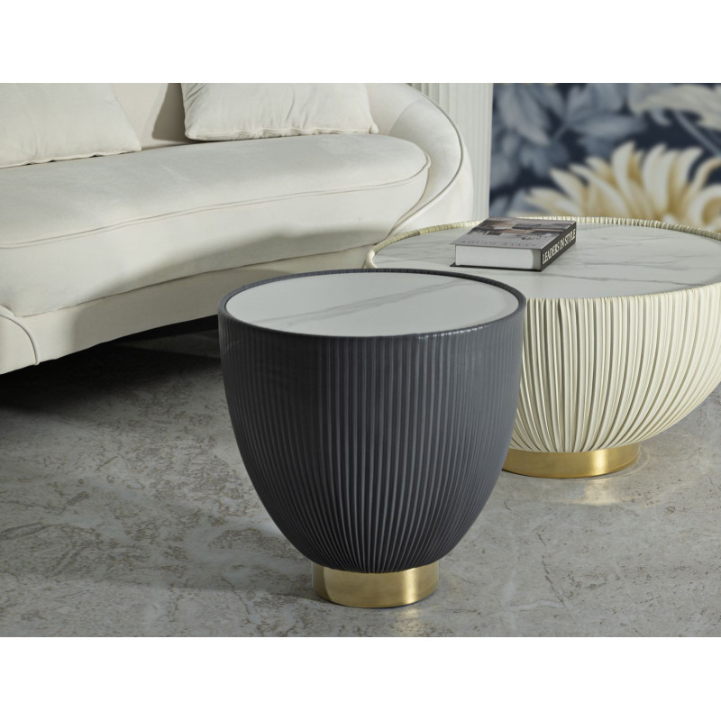 Table basse design chic Ronde Céramique Blanc Effet marbre Métal Doré Tissu Gris Elge 46 cm 