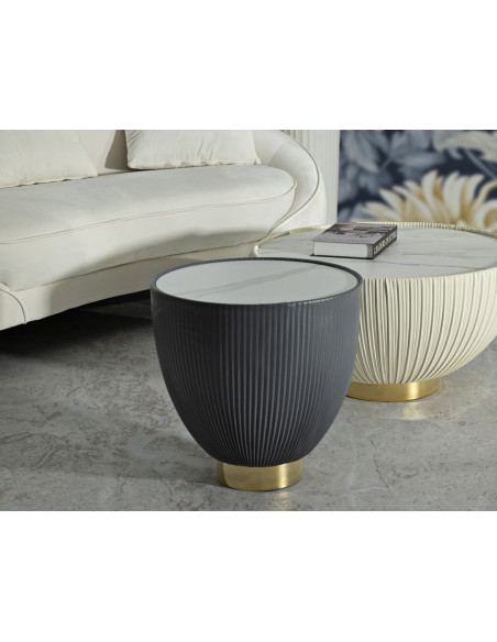 Table basse design chic Ronde Céramique Blanc Effet marbre Métal Doré Tissu Gris Elge 46 cm 