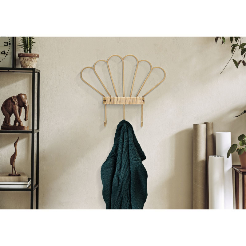 Porte manteau mural bohème chic 3 crochets Rotin Naturel Tressé Métal Panama 37 cm 