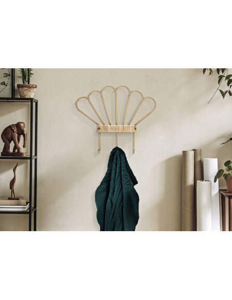 Porte manteau mural bohème chic 3 crochets Rotin Naturel Tressé Métal Panama 37 cm 
