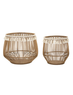 Lot de 2 Grands Panier de rangement bohème Rotin Naturel Tissu Blanc Avec pompons Fuji 