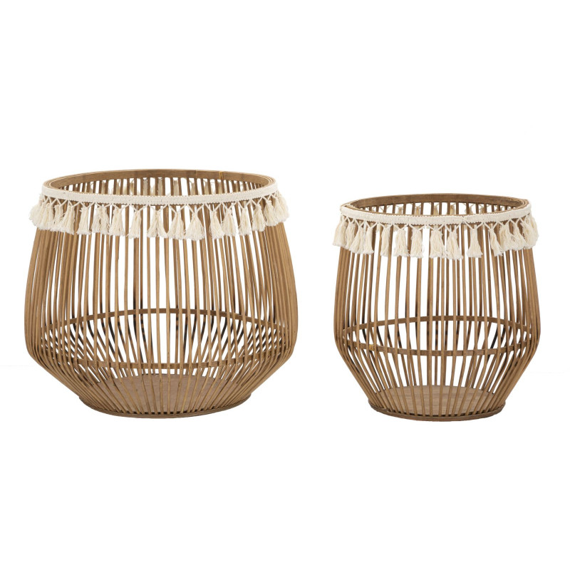 Lot de 2 Grands Panier de rangement bohème Rotin Naturel Tissu Blanc Avec pompons Fuji 