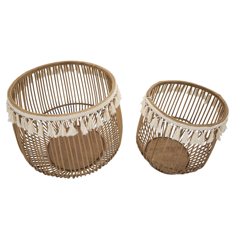 Lot de 2 Grands Panier de rangement bohème Rotin Naturel Tissu Blanc Avec pompons Fuji 