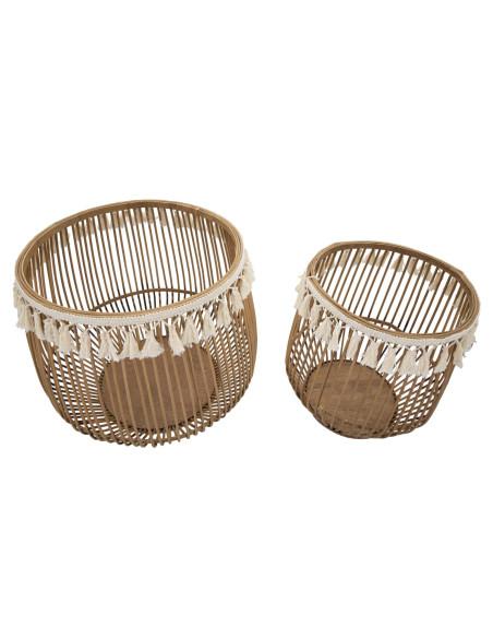 Lot de 2 Grands Panier de rangement bohème Rotin Naturel Tissu Blanc Avec pompons Fuji 