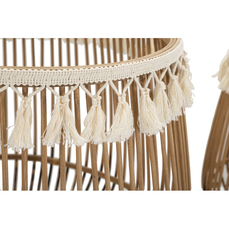 Lot de 2 Grands Panier de rangement bohème Rotin Naturel Tissu Blanc Avec pompons Fuji 