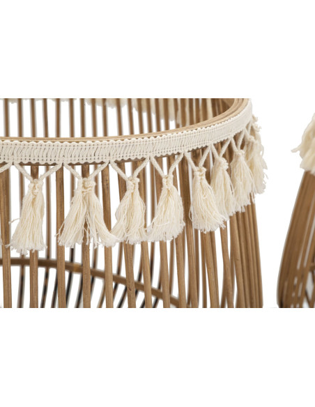 Lot de 2 Grands Panier de rangement bohème Rotin Naturel Tissu Blanc Avec pompons Fuji 