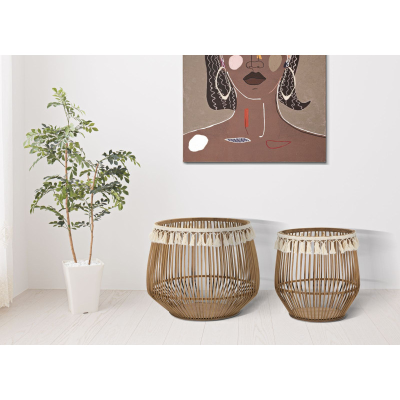 Lot de 2 Grands Panier de rangement bohème Rotin Naturel Tissu Blanc Avec pompons Fuji 