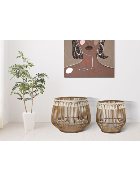 Lot de 2 Grands Panier de rangement bohème Rotin Naturel Tissu Blanc Avec pompons Fuji 