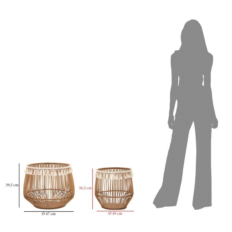 Lot de 2 Grands Panier de rangement bohème Rotin Naturel Tissu Blanc Avec pompons Fuji 