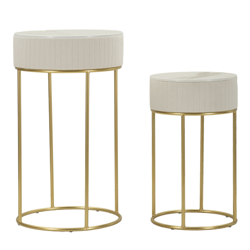 Lot de 2 Sellettes hautes gigognes design chic Ronde Bois de pin Crème Métal Doré Bois MDF Blanc Effet marbre Wedding 