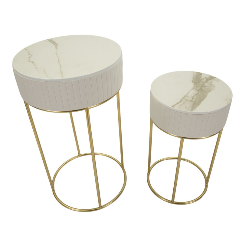 Lot de 2 Sellettes hautes gigognes design chic Ronde Bois de pin Crème Métal Doré Bois MDF Blanc Effet marbre Wedding 