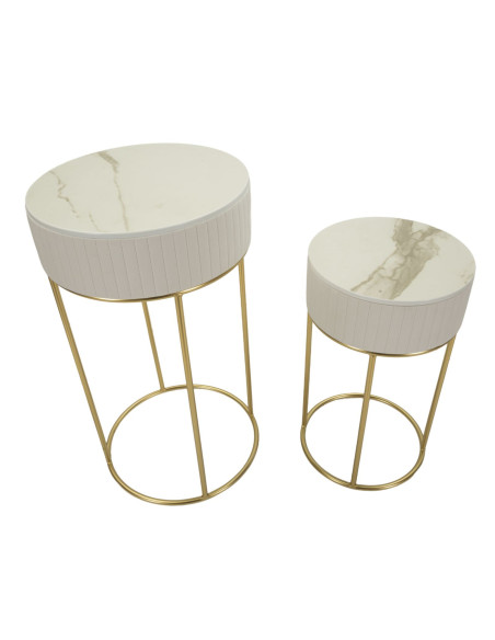 Lot de 2 Sellettes hautes gigognes design chic Ronde Bois de pin Crème Métal Doré Bois MDF Blanc Effet marbre Wedding 