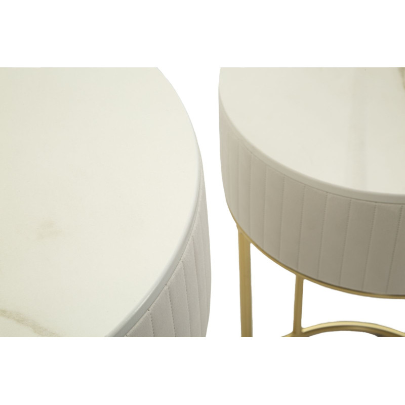 Lot de 2 Sellettes hautes gigognes design chic Ronde Bois de pin Crème Métal Doré Bois MDF Blanc Effet marbre Wedding 