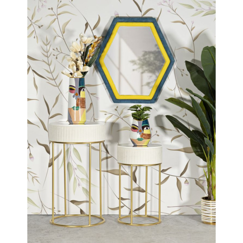 Lot de 2 Sellettes hautes gigognes design chic Ronde Bois de pin Crème Métal Doré Bois MDF Blanc Effet marbre Wedding 