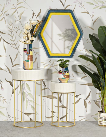 Lot de 2 Sellettes hautes gigognes design chic Ronde Bois de pin Crème Métal Doré Bois MDF Blanc Effet marbre Wedding 