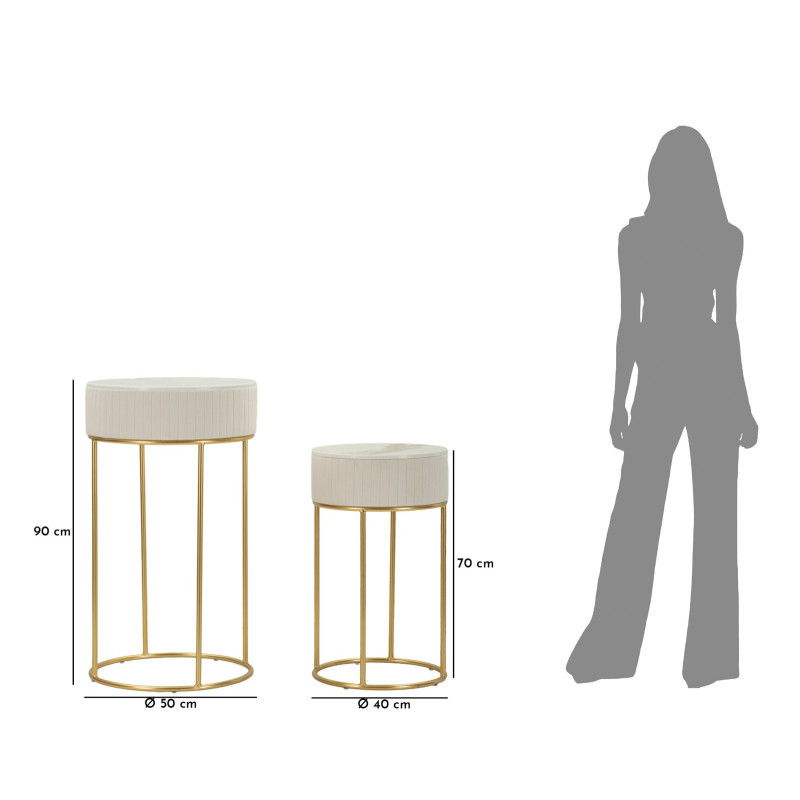 Lot de 2 Sellettes hautes gigognes design chic Ronde Bois de pin Crème Métal Doré Bois MDF Blanc Effet marbre Wedding 