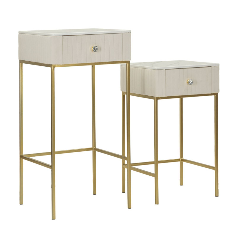 Lot de 2 Sellettes hautes gigognes design chic Carrée Bois de pin Crème Métal Doré Bois MDF Blanc Effet marbre Wedding 