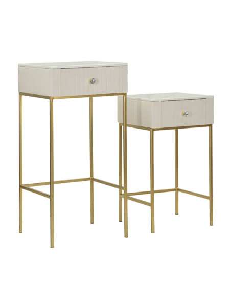 Lot de 2 Sellettes hautes gigognes design chic Carrée Bois de pin Crème Métal Doré Bois MDF Blanc Effet marbre Wedding 