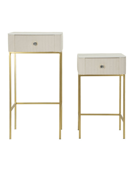 Lot de 2 Sellettes hautes gigognes design chic Carrée Bois de pin Crème Métal Doré Bois MDF Blanc Effet marbre Wedding 