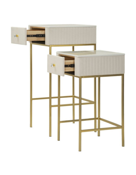 Lot de 2 Sellettes hautes gigognes design chic Carrée Bois de pin Crème Métal Doré Bois MDF Blanc Effet marbre Wedding 