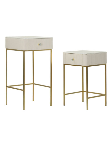 Lot de 2 Sellettes hautes gigognes design chic Carrée Bois de pin Crème Métal Doré Bois MDF Blanc Effet marbre Wedding 