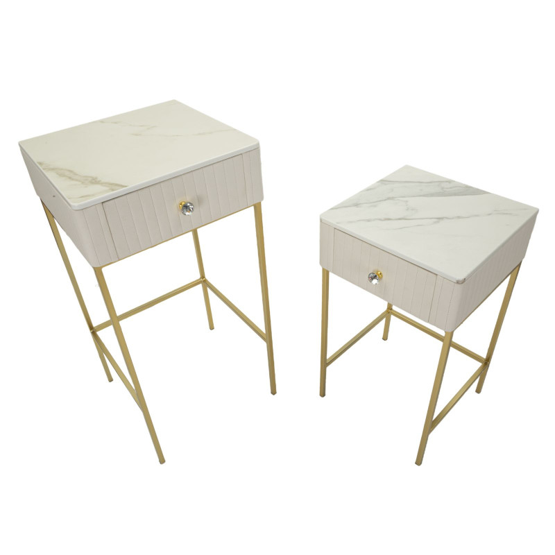 Lot de 2 Sellettes hautes gigognes design chic Carrée Bois de pin Crème Métal Doré Bois MDF Blanc Effet marbre Wedding 