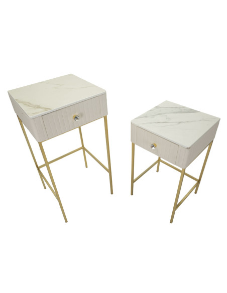 Lot de 2 Sellettes hautes gigognes design chic Carrée Bois de pin Crème Métal Doré Bois MDF Blanc Effet marbre Wedding 