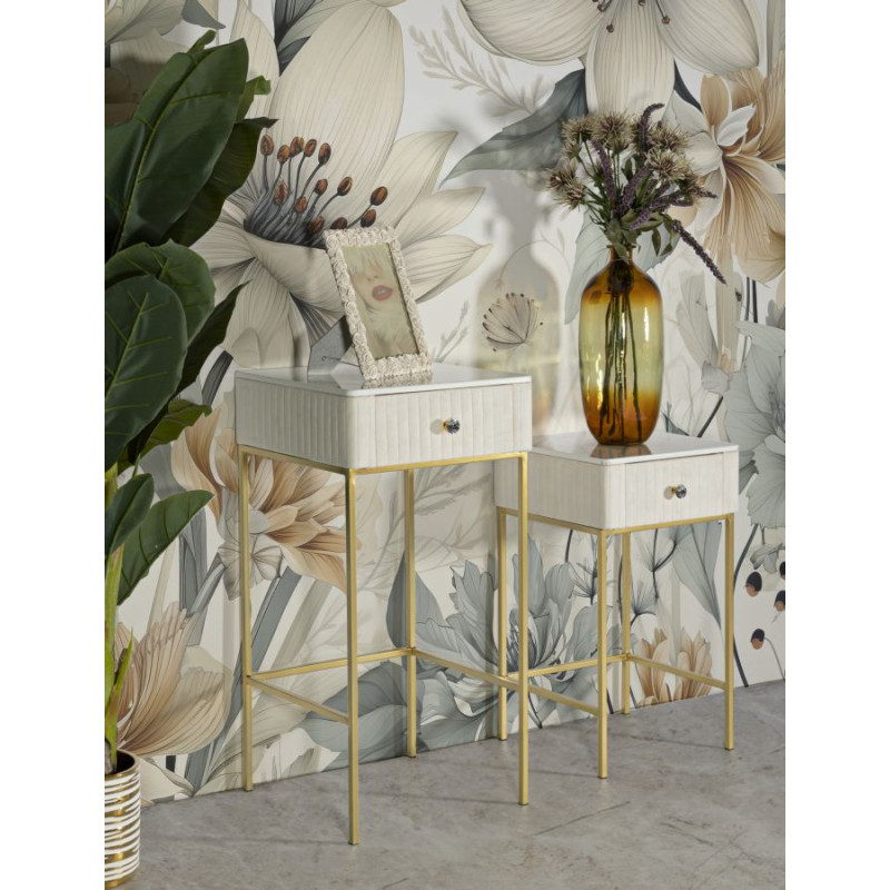 Lot de 2 Sellettes hautes gigognes design chic Carrée Bois de pin Crème Métal Doré Bois MDF Blanc Effet marbre Wedding 