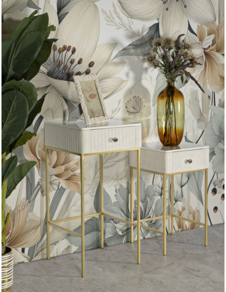 Lot de 2 Sellettes hautes gigognes design chic Carrée Bois de pin Crème Métal Doré Bois MDF Blanc Effet marbre Wedding 