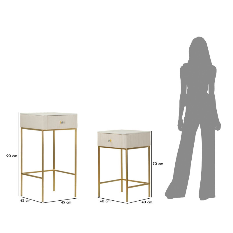 Lot de 2 Sellettes hautes gigognes design chic Carrée Bois de pin Crème Métal Doré Bois MDF Blanc Effet marbre Wedding 