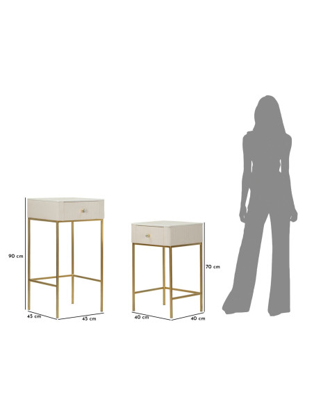 Lot de 2 Sellettes hautes gigognes design chic Carrée Bois de pin Crème Métal Doré Bois MDF Blanc Effet marbre Wedding 