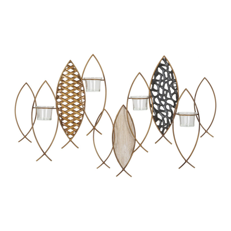 Grand Photophore mural Poissons 4 bougies Métal Doré Noir Verre Transparent Bois MDF Naturel Fish 