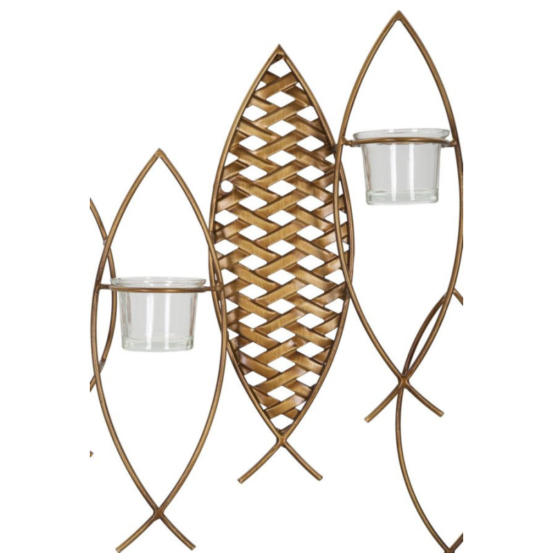 Grand Photophore mural Poissons 4 bougies Métal Doré Noir Verre Transparent Bois MDF Naturel Fish 