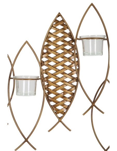 Grand Photophore mural Poissons 4 bougies Métal Doré Noir Verre Transparent Bois MDF Naturel Fish 