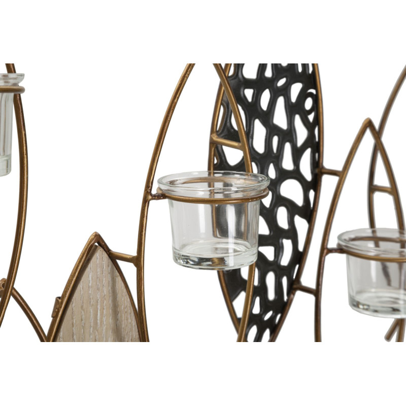 Grand Photophore mural Poissons 4 bougies Métal Doré Noir Verre Transparent Bois MDF Naturel Fish 