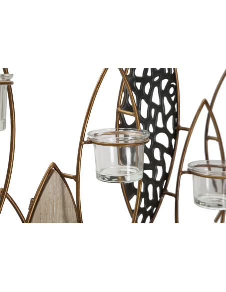 Grand Photophore mural Poissons 4 bougies Métal Doré Noir Verre Transparent Bois MDF Naturel Fish 