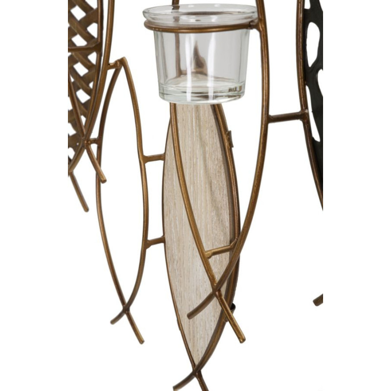 Grand Photophore mural Poissons 4 bougies Métal Doré Noir Verre Transparent Bois MDF Naturel Fish 