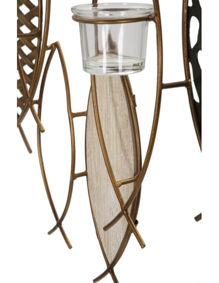 Grand Photophore mural Poissons 4 bougies Métal Doré Noir Verre Transparent Bois MDF Naturel Fish 