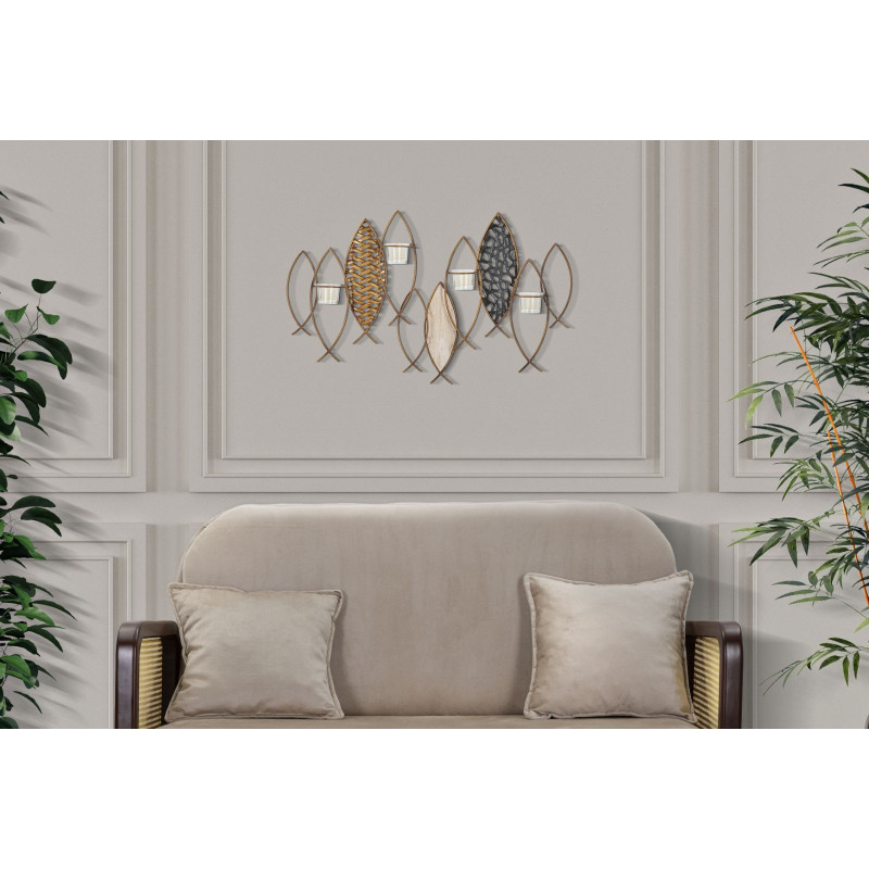 Grand Photophore mural Poissons 4 bougies Métal Doré Noir Verre Transparent Bois MDF Naturel Fish 