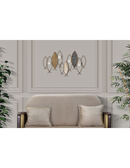 Grand Photophore mural Poissons 4 bougies Métal Doré Noir Verre Transparent Bois MDF Naturel Fish 