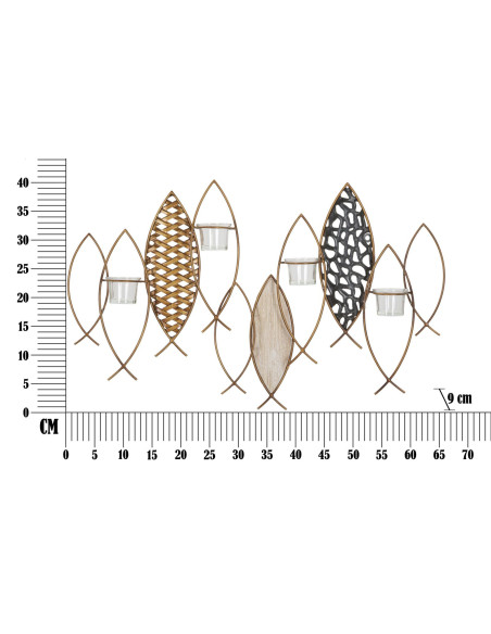 Grand Photophore mural Poissons 4 bougies Métal Doré Noir Verre Transparent Bois MDF Naturel Fish 