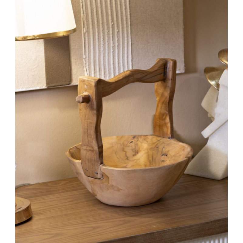Grand Vide-poches artisanal ethnique chic Rond Bois de teck recyclé Marron Timbo 32 cm 