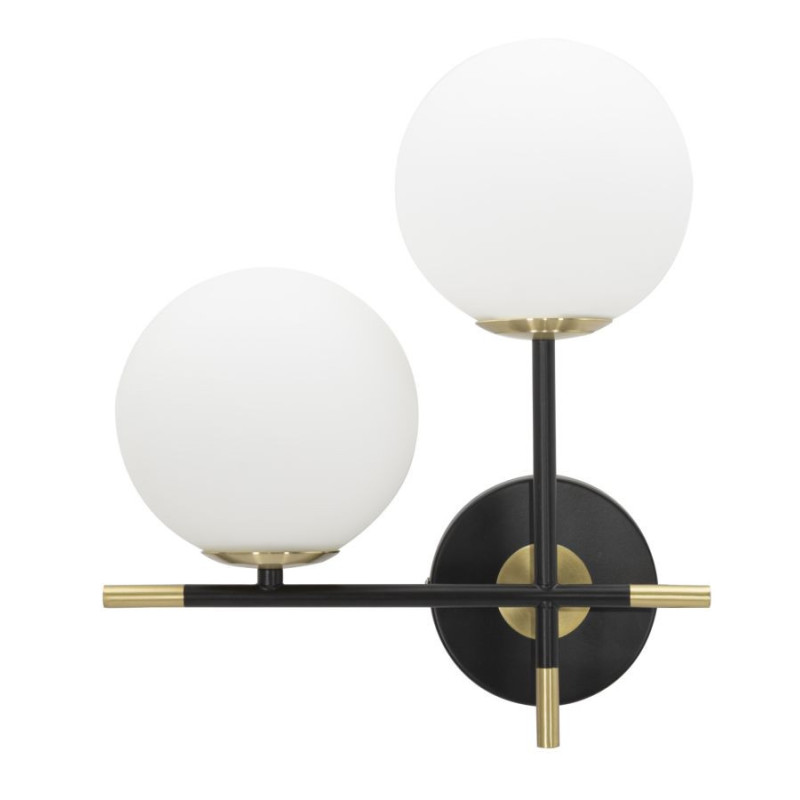 Applique murale design art déco 2 boules Verre Blanc Métal Noir Doré Darky 